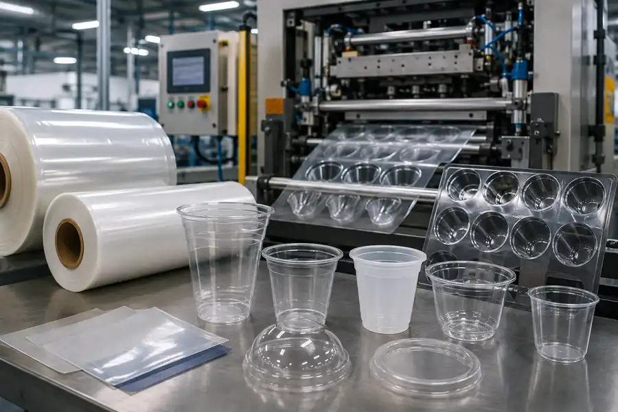 Thermoformed plastic cups made from plastic sheet rolls